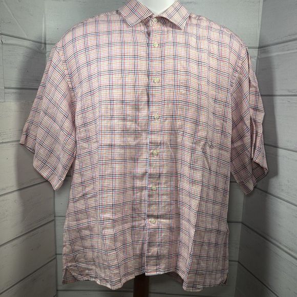 Peter Millar Men's Plaid Button Front Shirt Short Sleeve Linen Pink Size Large - Picture 1 of 9